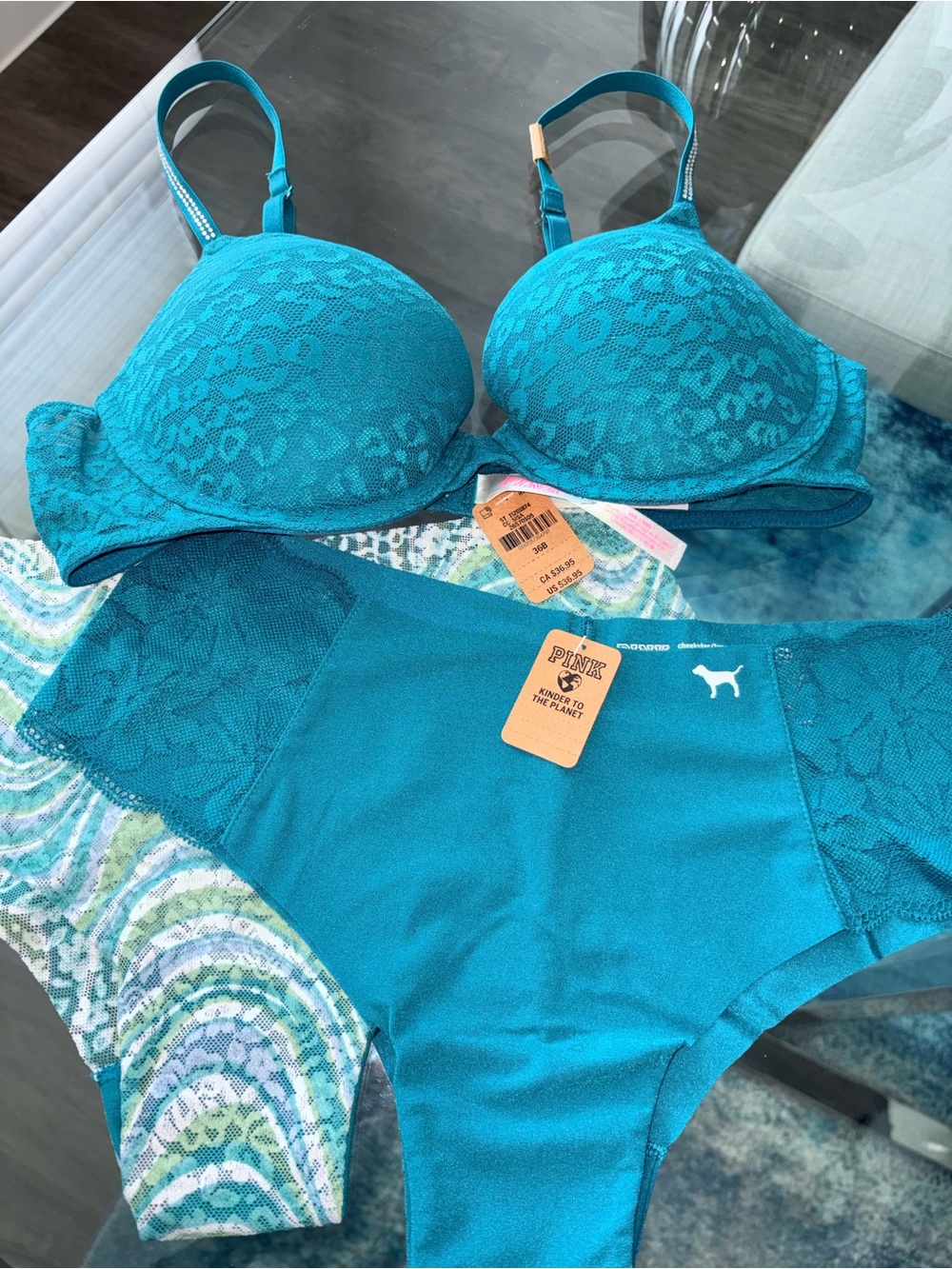PINK Victoria's Secret Teal Lace-Print Push-Up Bra & Panties